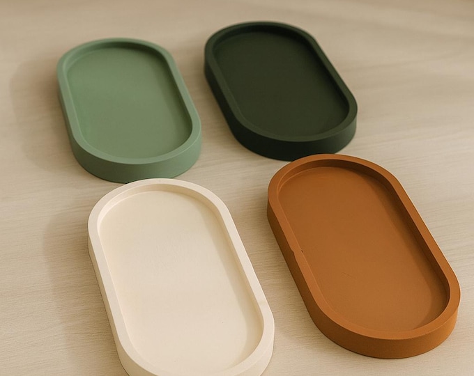 Decorative Tray Set of 4 – Handmade Concrete Minimalist Oval Trays in Earthy Tones | 7” x 3.75” x 0.75”