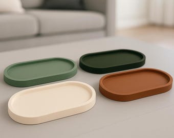 Handmade Concrete Decorative Tray Set of 4 – Modern Minimalist Oval Trays in Earthy Tones | 7” x 3.75” x 0.75”