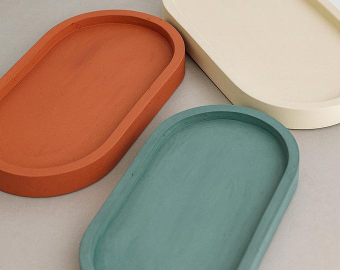 Handmade Concrete Decorative Tray – 7 Inch Oval Trinket Dish | Minimalist Modern Home Décor