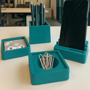 Modern Concrete Desk Organizer Set: Pen Holder, Phone Stand & Tray