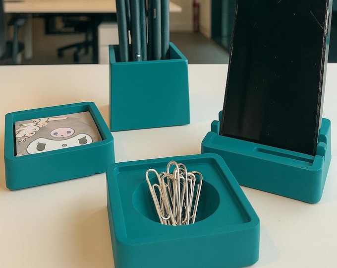 Modern Concrete Desk Organizer Set: Pen Holder, Phone Stand & Tray