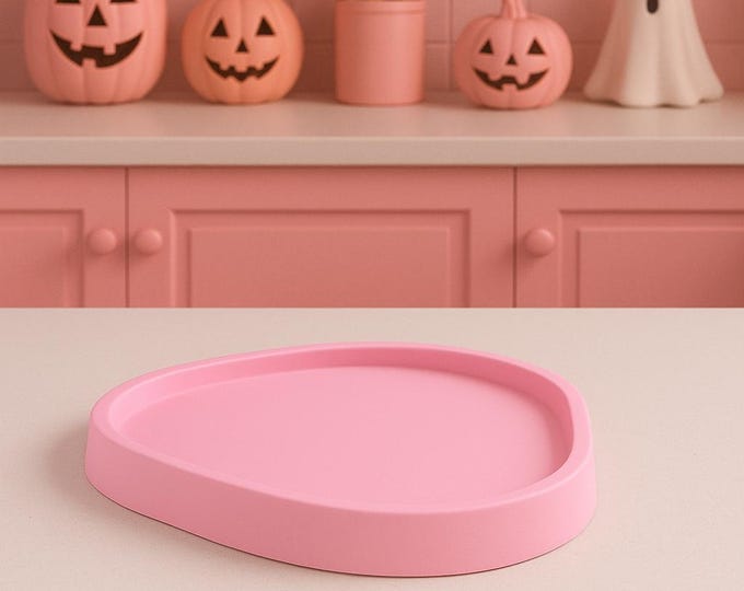 Pink Halloween Concrete Tray: Pastel Ghost Decor, Kawaii Catchall