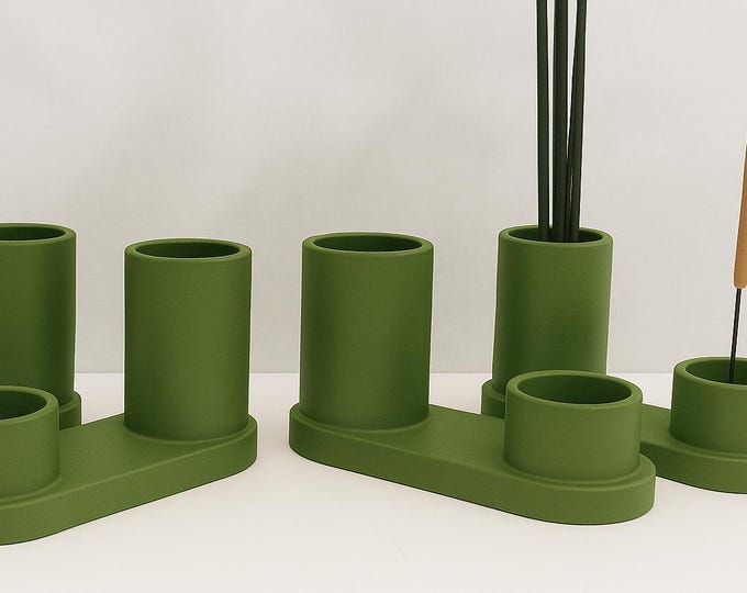 Pistachio Green Concrete Incense & Candle Holder Set - Modern Minimalist Decor