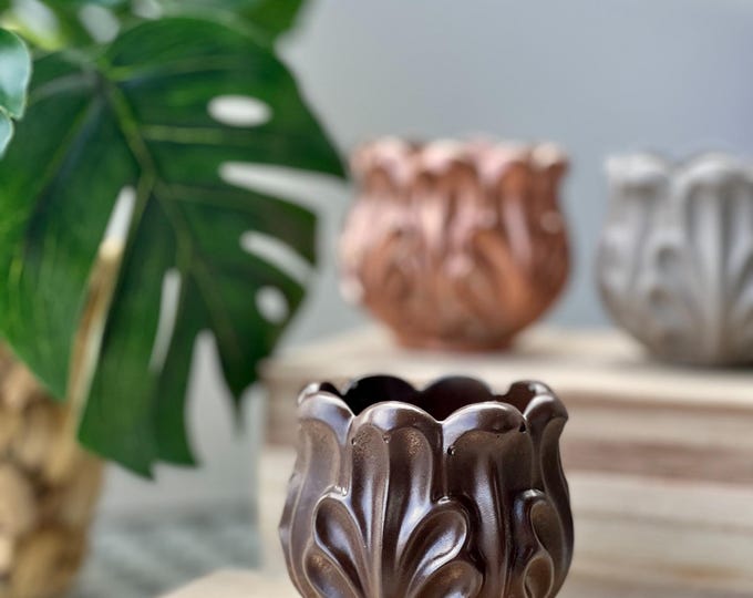 Concrete Mini Planter: Leaf Motif, Rose Gold Boho Decor