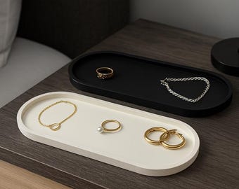 Handmade Concrete Oval Tray Set: Minimalist Decor Organizer, Black and White (12 inch)