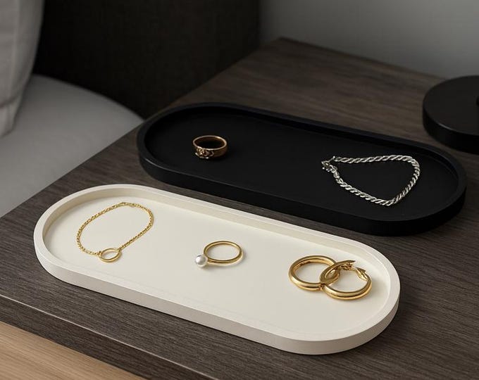 Handmade Concrete Oval Tray Set: Minimalist Decor Organizer, Black and White (12 inch)