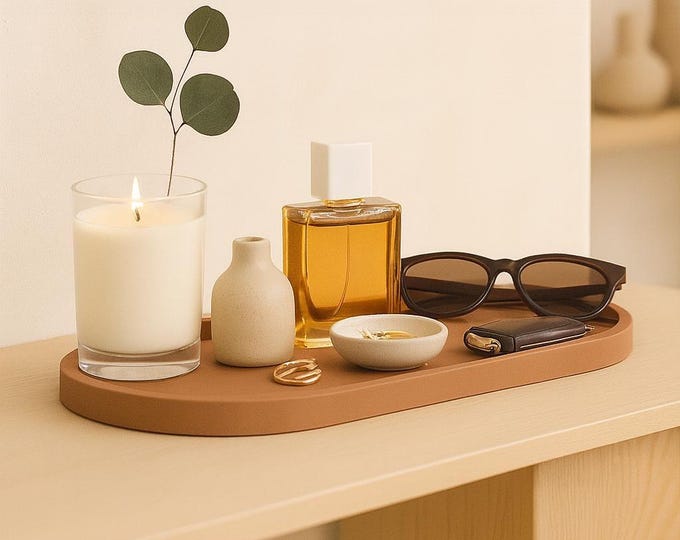 Handmade Concrete Decorative Tray – 12" Oval | Minimalist Vanity & Entryway Tray | Nature Palette Colors | Jewelry, Candles, Keys