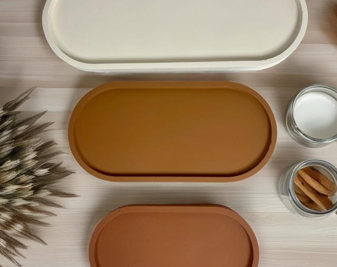 Handmade Concrete Oval Tray: Minimalist Jewelry, Candle & Vanity Organizer