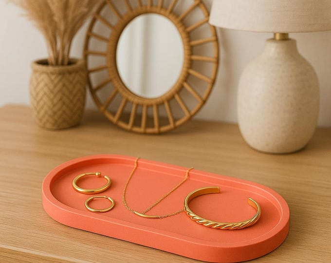 Peach Coral Concrete Jewelry Tray: Handmade Minimalist Boho Organizer
