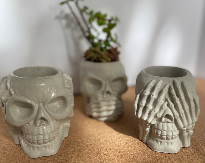 Handmade Concrete Skull Planter: Goth Home Decor