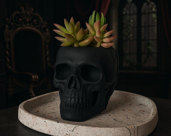 Boho Goth Skull Planter: Faux Succulents & Speckled Concrete Tray