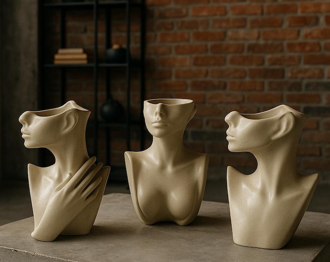 Sculptural Ceramic Bust Vase – 10″ Tall Individual Art Planter – Modern Minimalist Home Décor