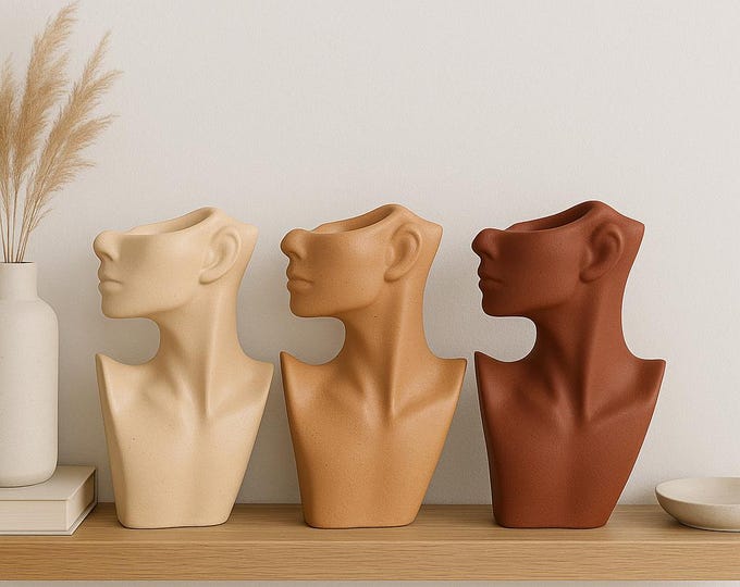 Handmade Concrete Bust Vase: Modernist Skin Tone Planter, 6"