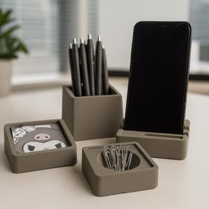 Modern Concrete Desk Organizer Set: Pen Holder, Phone Stand & Tray