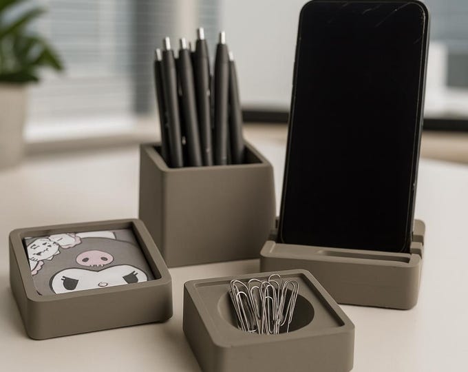 Modern Concrete Desk Organizer Set: Pen Holder, Phone Stand & Tray