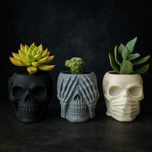Cement Skull Planters: Hear, See, Speak No Evil Set