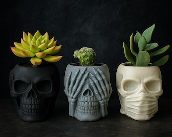 Cement Skull Planters: Hear, See, Speak No Evil Set