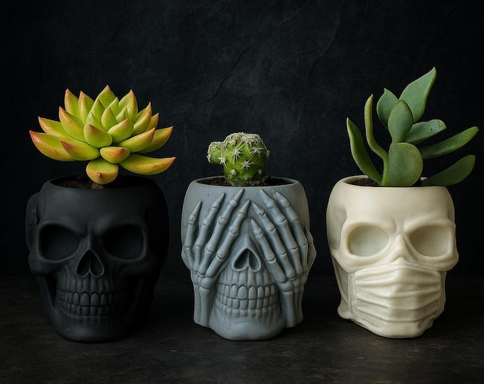 Cement Skull Planters: Hear, See, Speak No Evil Set
