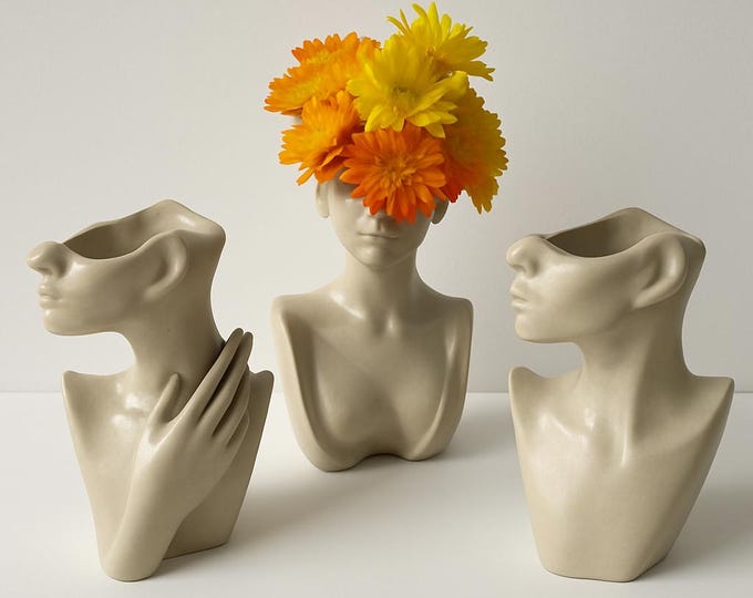 Sculptural Concrete Bust Vases – Modern Minimalist Home Décor Centerpiece