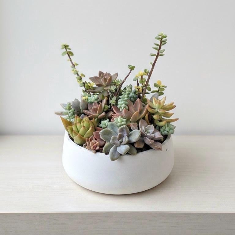 White Succulent Arrangement in Round Concrete Pot