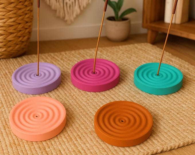 Handcrafted Concentric-Groove Incense Holders • Digital Lavender, Viva Magenta, Ocean Teal, Coral Peach & Rust Orange