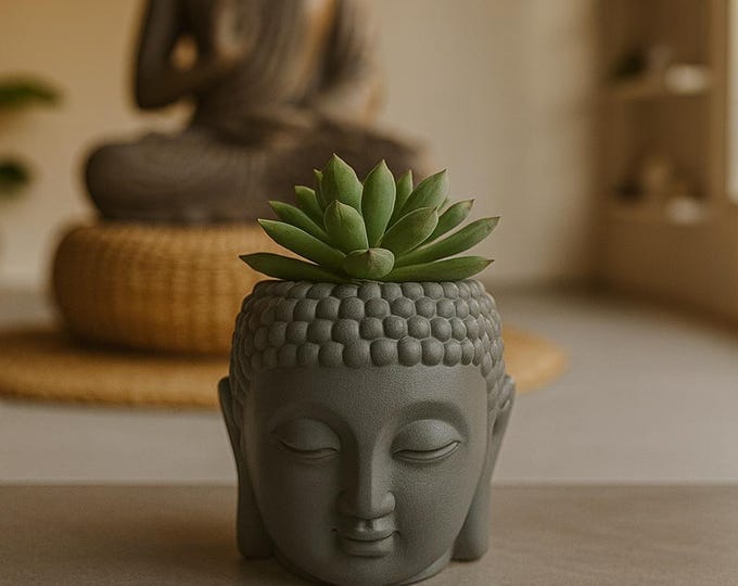 Serene Buddha Head Planter: Rustic Concrete Zen Decor