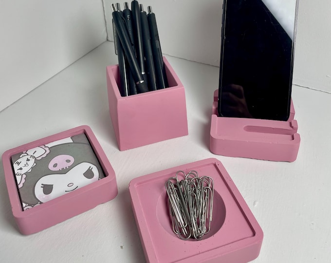 Handmade Concrete Desk Organizer Set: Pen, Phone, & Paperclip Holders