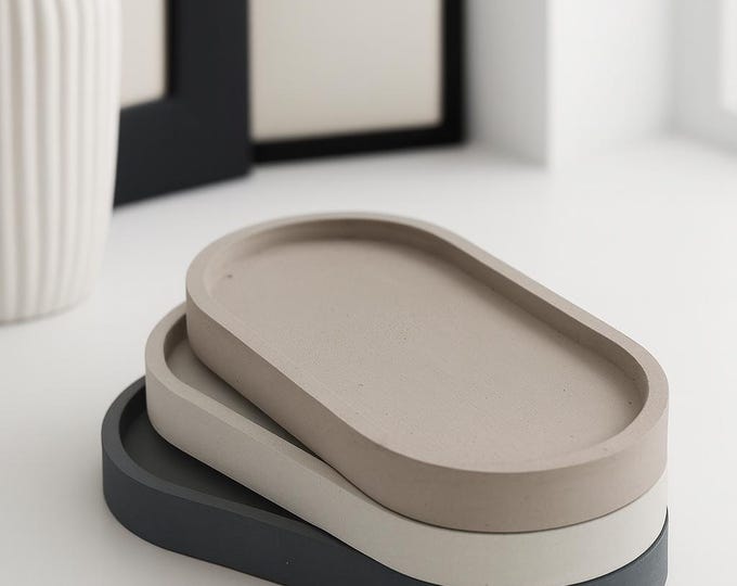 Handmade Concrete Decorative Tray – 7 Inch Oval Trinket Dish | Minimalist Modern Home Décor