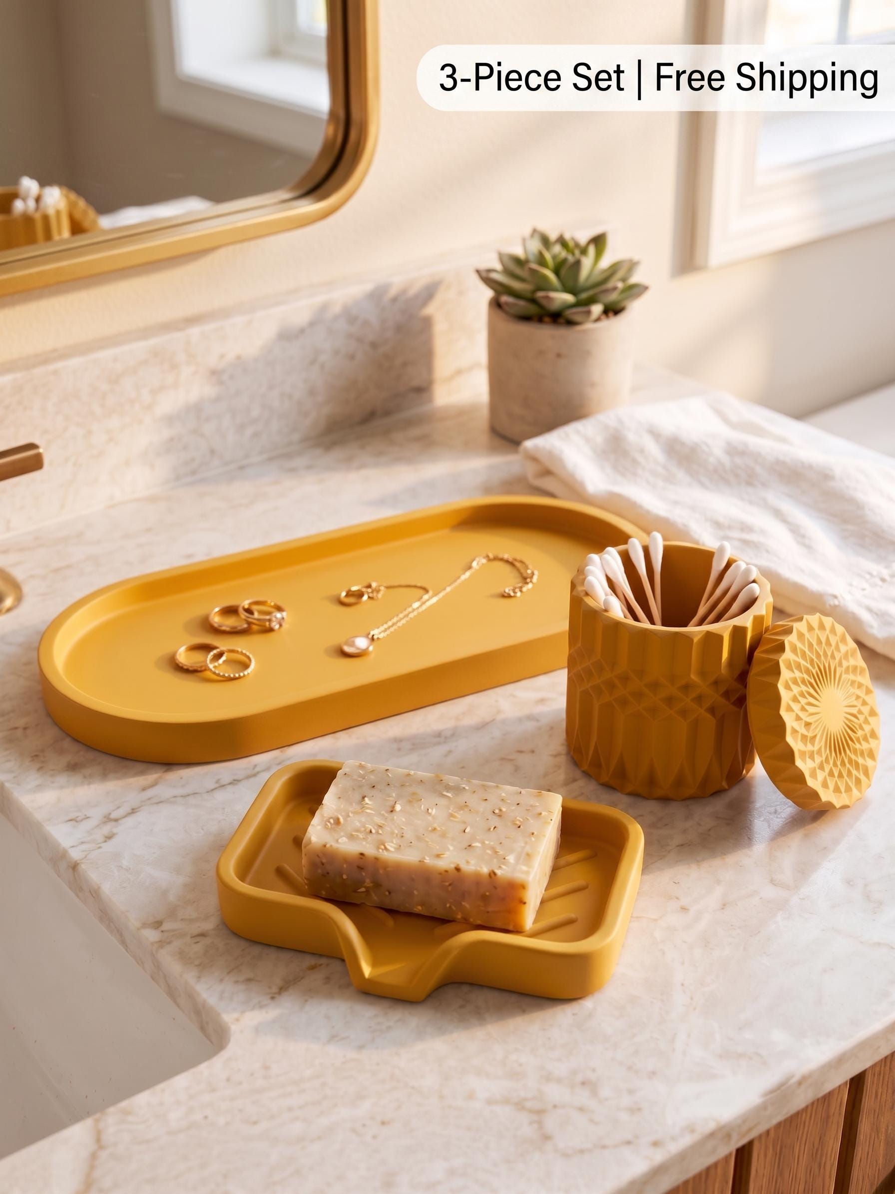 3 Piece Concrete Bathroom Countertop Organizer Self Draining Soap Saver, Long Oval Tray & Cotton Swab Jar with Lid Modern Bath Decor