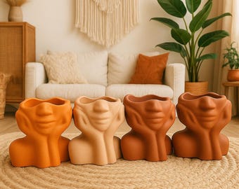 Abstract Face Concrete Planter: Modern Boho Succulent Pot, Handmade