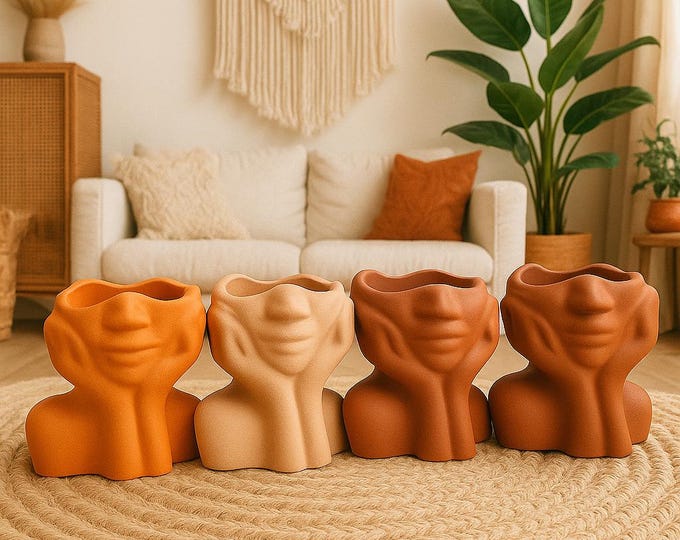 Abstract Face Concrete Planter: Modern Boho Succulent Pot, Handmade