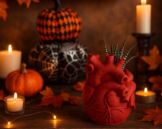 Halloween Anatomical Heart Planter, Spooky Concrete Succulent Pot, Gothic Home Decor
