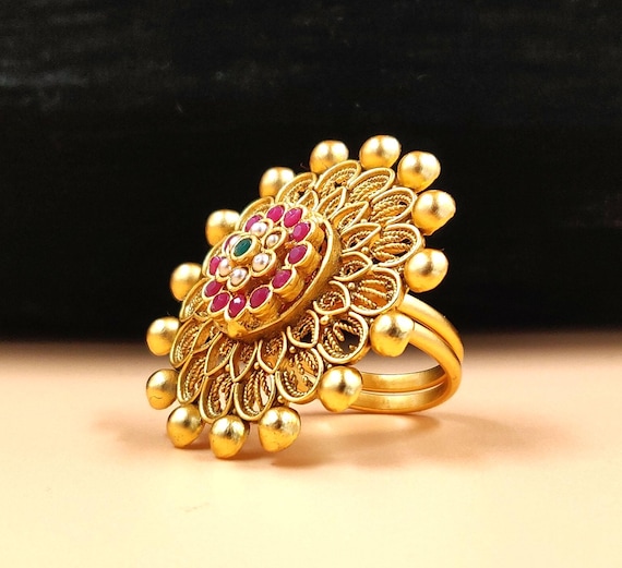 Rajwadi Gold Plated Ring | Adjustable Indian Statement Jewelry
