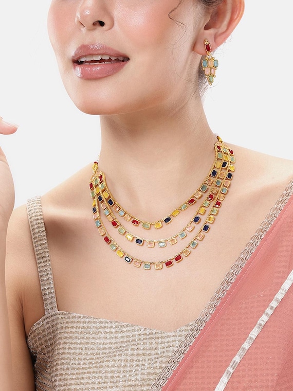 JYONA Rajwadi Gold Plated Copper Necklace, Earring Set for Women