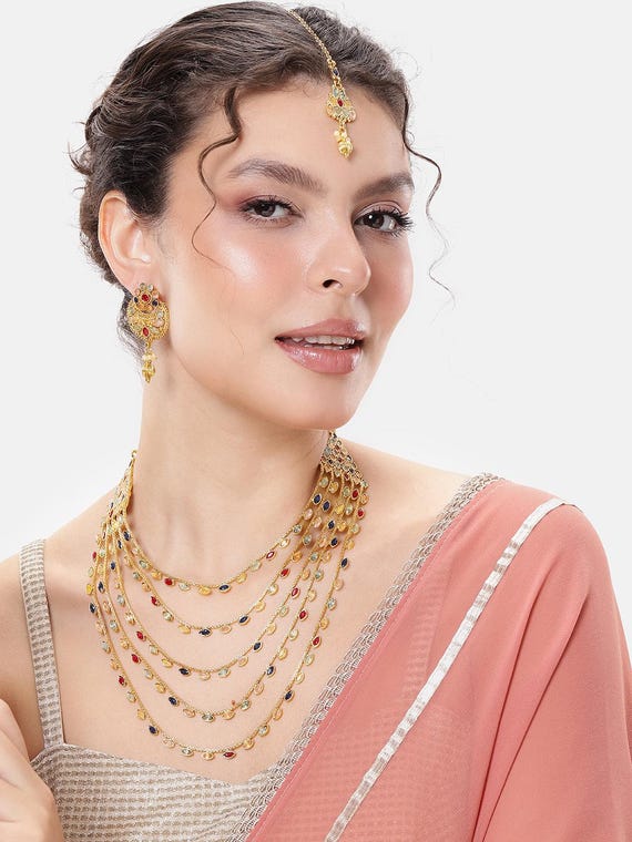 JYONA Rajwadi Gold Plated Copper Maang Tika Necklace Earrings