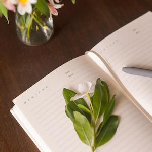 The image shows a church notebook opened to show blank lined pages with a space for "date" and "place" at the top as well as MTWTFSS for the writer to circle.