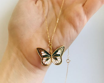 Collier Rétro Double Chaîne En Bronze - Grand Papillon Émaillé - Très Bon État Occasion