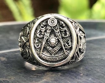 Handcrafted 925 Sterling Silver Masonic Ring Freemasonry Square & Compass Illuminati Symbol Freemason Ring Jewelry Accessories Gift by VINTZ