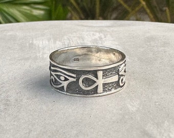 Handcrafted Ankh & Egypt Eye Sterling Silver 925 Band Ring, Egyptian Ankh Cross, Eye of Horus, Silver Jewelry