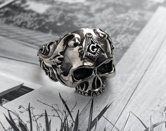 Masonic Skull Sterling Silver Ring 925, Freemason Masonic Ring, Gothic Skull Biker Ring, Gothic Sterling Silver, Men Ring Gift, Handcrafted