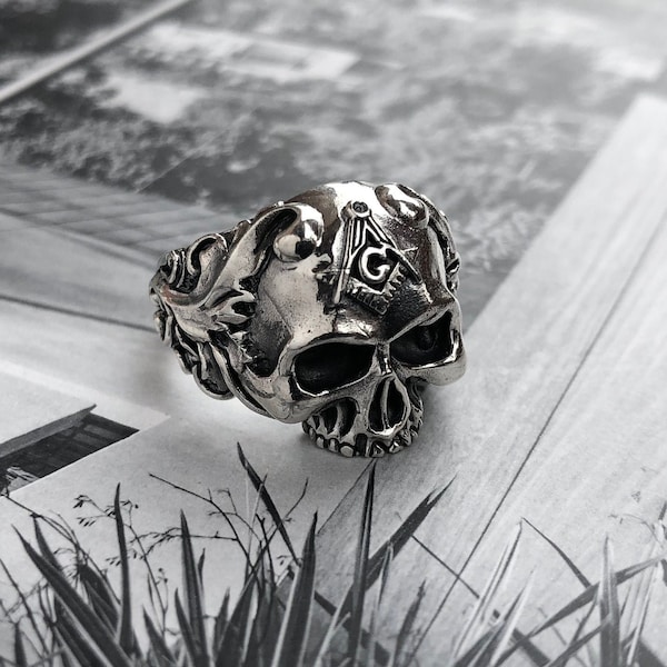 Masonic Skull Sterling Silver Ring 925, Freemason Masonic Ring, Gothic Skull Biker Ring, Gothic Sterling Silver, Men Ring Gift, Handcrafted