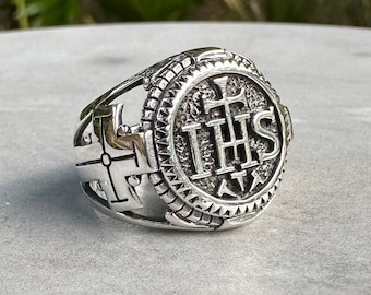 Handcrafted 925 Sterling Silver Christ IHS Ring Lesus Hominum Salvator The Holy Name of Jesus Christian Amulet Ring Silver Jewelry Gift