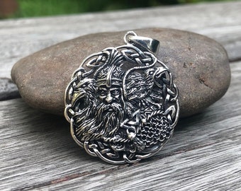 Odin & huginn muninn raven companion Celtic patterns sterling silver pendant 925, Oxidized, Handcraft