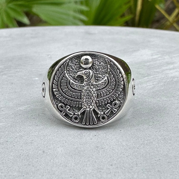 Handcrafted 925 Sterling Silver Egyptian Falcon Horus Egyptian God Eye or Horus Symbol Ring Silver Jewelry