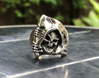 Handcrafted 925 Sterling Silver Grim The Reaper Biker Skull Ring Gothic Style