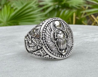 Handcrafted Egyptian Bug Scarab Sterling Silver 925 Ring, Horus & Anubis, Ancient Bug, Silver Jewelry