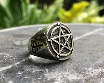 Pentagram Sterling Silver Ring 925, Leviathan Cross, Wiccan ring, Pagan, Pentacle, Oxidized, Unisex ring, Handcraft