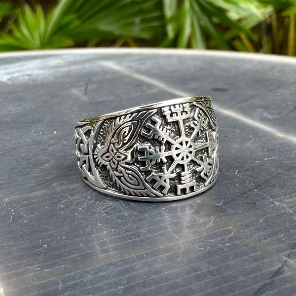 Handcrafted 925 Sterling Silver Viking Vegvisir Celtic Symbol Raven Of Odin Huginn & Muninn Ring Silver Jewelry