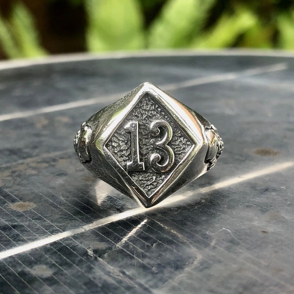 Handcrafted 925 Sterling Silver Lucky 13 Diamond Biker Ring Gothic Style Ring with Skull on the side