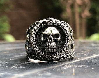 Skull Sterling Silver 925 Ring, Skull Ouroboros Snake Ring, Gothic Punk Biker Skull Ring, Handcrafted Solid Sterling Silver Jewelry